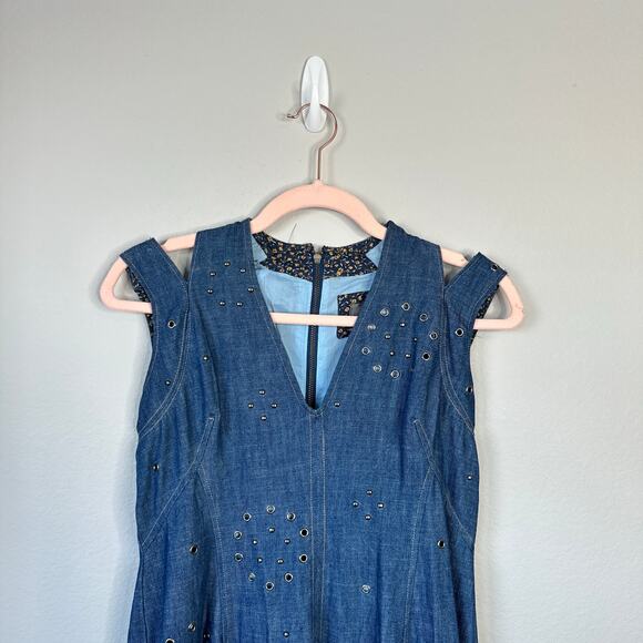 BY ANTHROPOLOGIE Grommet Denim Midi Dress Western Rodeo Flare Studded Size 4P - Picture 6 of 12
